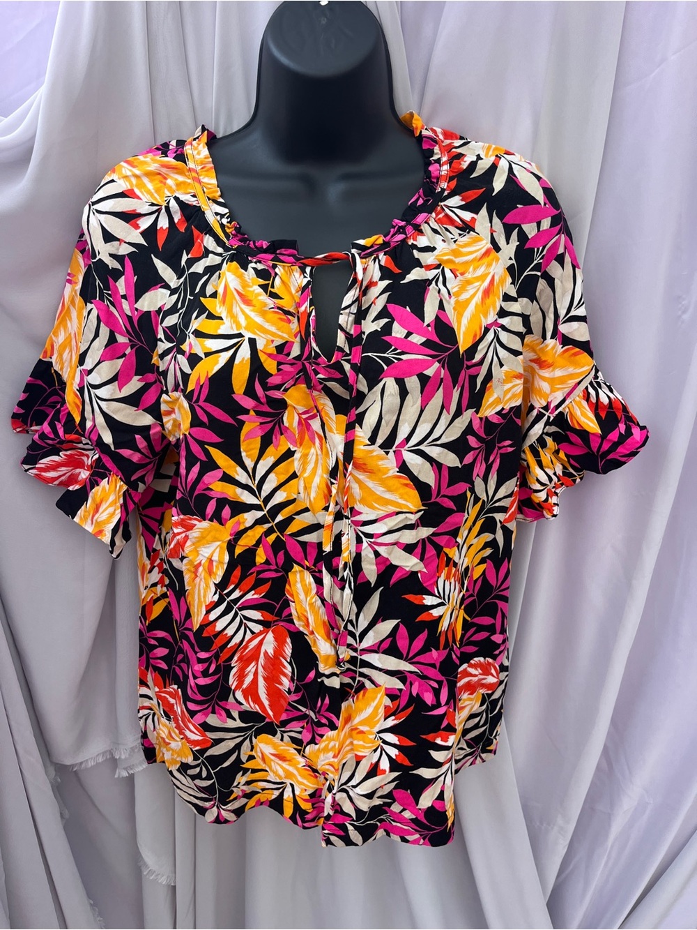 Tie-Neck Floral Ruffle Sleeve Blouse - Black with Pink & Yellow